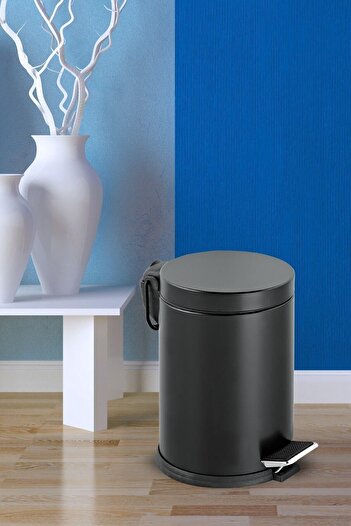 GörSeç Siyah Renkli Pedallı Metal 3 Litre Siyah Çöp Kovası Banyo Tuvalet Balkon Mutfak