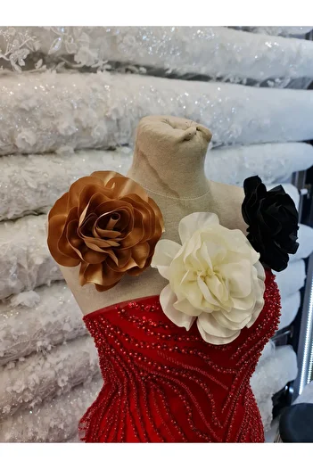 Esteks Dantel ve Tekstil Aksesuarları 15 cm Brooch Fabric Pinned Collar Flower Rose