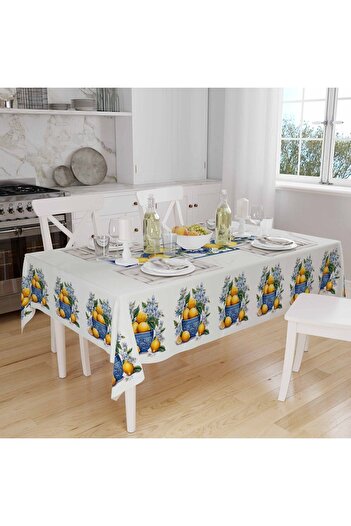 3D ELSE HALI Lemon Patterned Vintage Linen Tablecloth - Digital Print, Stain Resistant, Care Free