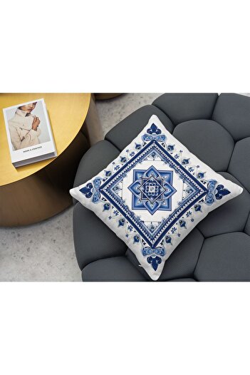 Else Dekor Blue White Floral Patterned Digital Printed Decorative Double-Sided Throw Pillow Case 43x43cm