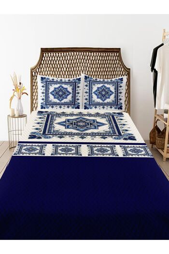 3D ELSE HALI Double Blue and White Floral Patterned Pique Set - Bedspread