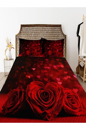 3D ELSE HALI Double Decorative Bedspread - Red Roses Patterned Printed Pique Set