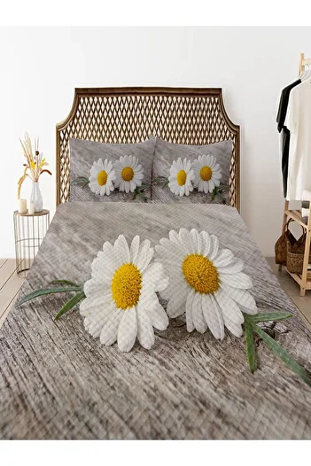 3D ELSE HALI Yellow Gray Daisy Patterned - Double Bed Pique Set