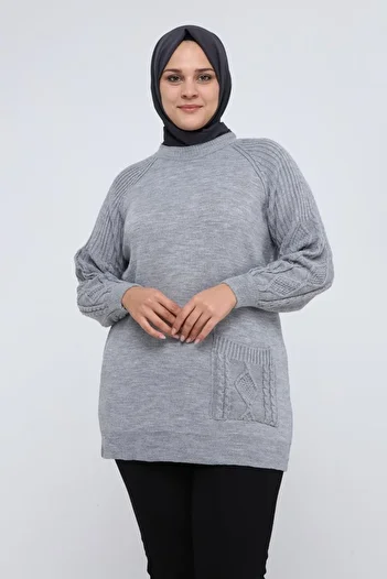 ilmek Women's Large Size Sleeve Hair Braided Pocket Winter Knitwear Tunik 4372
