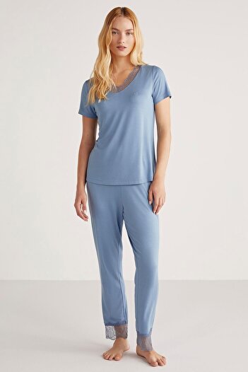 Penyemood Kadın Kısa Kol Dantelli İndigo Pijama Takımı C6T5N4O9