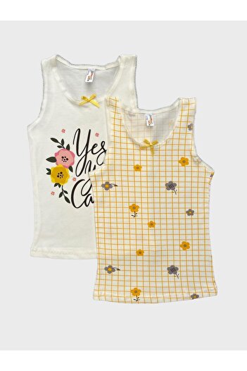 elmas kids Yellow Cream Floral Patterned 2-Piece Cotton Undershirt Set for Girls