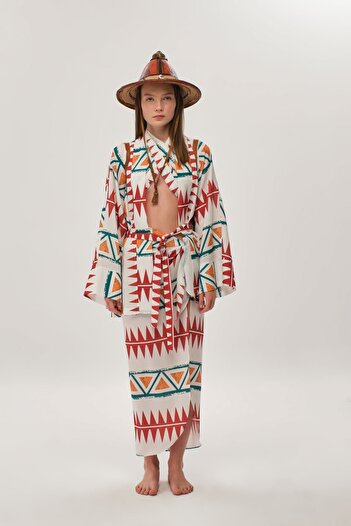 Eda Taşpınar Σετ κιμονό με λαιμόκοψη Pareo Ethnic print TEKS-00054