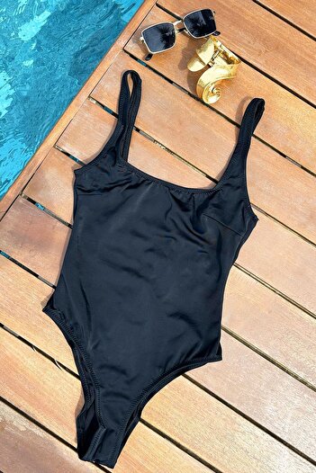 VAGGON Black Basic Swimsuit - With Straps and Back Detail Prm0912