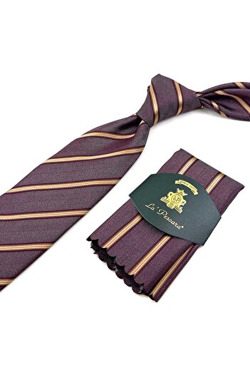 Kravatkolik Red - Gray Line Pattern Classic Tie with Handkerchief KK12356