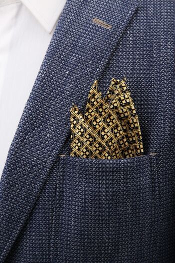 La Pescara Men's Yellow - Navy Blue Motif Printed Silk Handkerchief SPS327 KRVT8690002221703