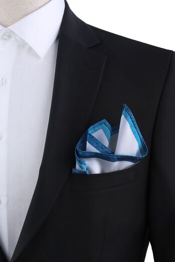 La Pescara Petrol Blue Detailed Plain White Men's Pocket Handkerchief