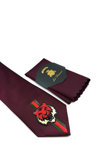 La Pescara Claret Red Plain Tiger Emblem Printed Tie Kk11697