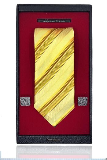La Pescara Yellow Italian Silk Tie Steel Cufflinks Men's Gift Set Sks44