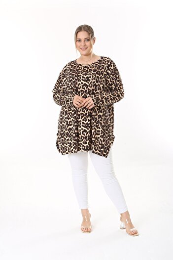 XL Modam Leopard Patterned Lycra Long Sleeve Women's Tunic