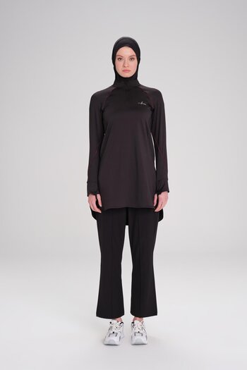 Haşema Black Hijab Training T-shirt - H-per, Piping, Long Sleeve, Zip Collar, Act-18