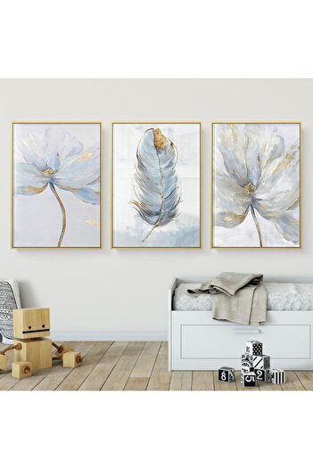 Linacci Triple Gold Frame Aluminum Metal Blue Feather Flower Glass Table Set