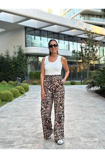 Forlady4 Black Leopard Patterned Women's Trousers with Elastic Waist and Pockets