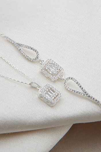 Elika Silver Kadın Baget Model 925 Ayar Gümüş Kolye Bileklik Set