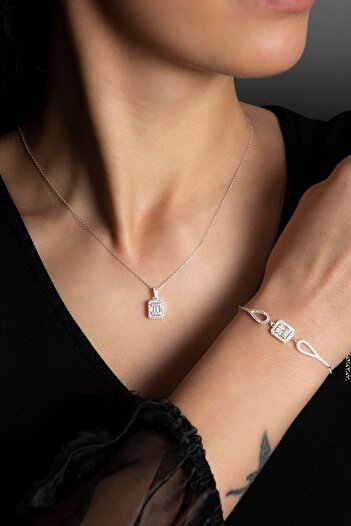 Elika Silver Kadın Baget Model 925 Ayar Gümüş Kolye Bileklik Set
