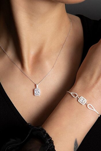 Elika Silver Kadın Baget Model 925 Ayar Gümüş Kolye Bileklik Set