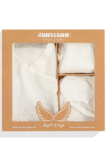 Wellgro Angel Wings Muslin 5 Piece Newborn Set - White