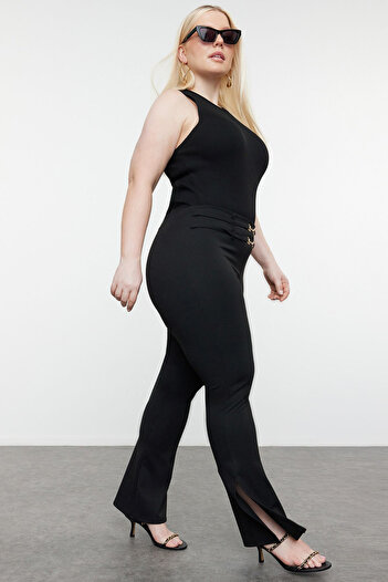 Trendyol Curve Black Cotton Trousers with Interlock Flare Belt - TBBSS24AR00032