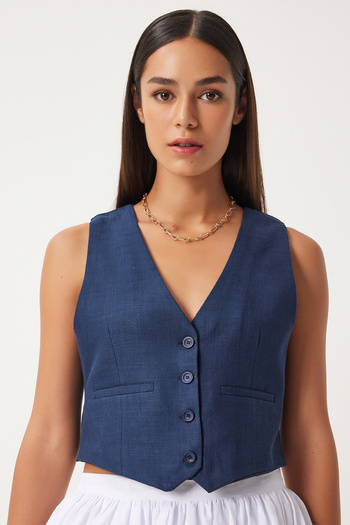 Happiness İstanbul Γυναικείο γιλέκο λινό Navy Blue - KT00011