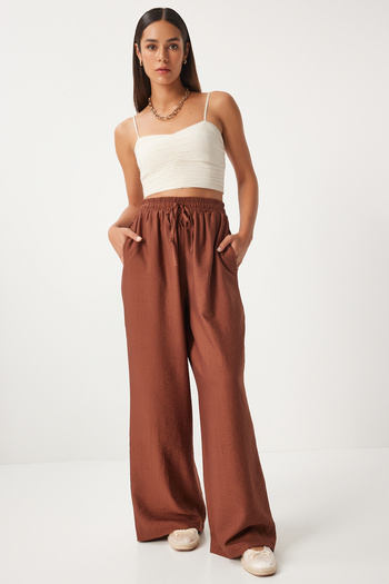 Happiness İstanbul Brown Comfortable Wide Leg Women's Trousers - Ayrobin DP00206
