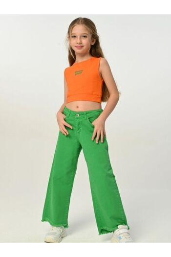 Çikoby Girl's High Waist Green Mom Jeans with Tassel Leg Detail