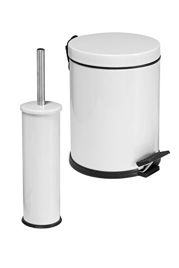 GörSeç White 5 Liter Bathroom Set 2 Pieces Pedal Trash Can WC Toilet Brush Set Bathroom Dustbin