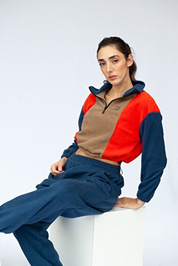 Vatkalimon Brown Orange Navy Blue Half Zip Crop Fleece