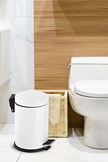 GörSeç 12 Liter Stainless White Trash Can Pedal Garbage Bin Standing 12 Lt Office Luxury Kitchen Garden Bucket