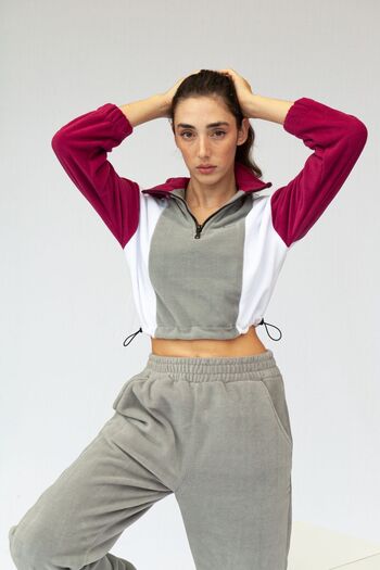 Vatkalimon Gray White Fuchsia Half Zip Crop Fleece