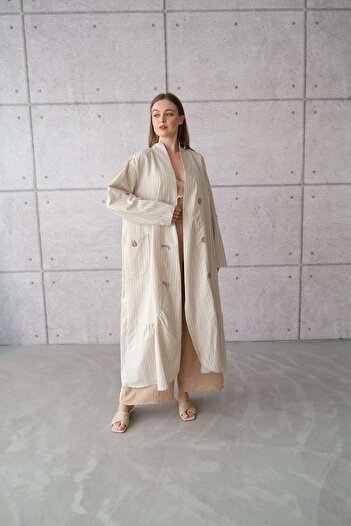 SARE ERKMEN Plus Size Kimono - Striped Beige Linen