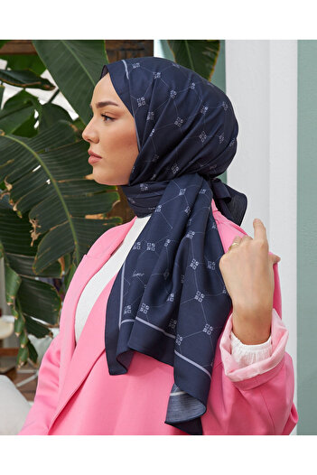 Silk Home %100 Twill Ipek Monogram Şal - Lacivert-Gri