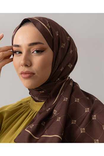 Silk Home %100 Twill Ipek Monogram Şal - Kahverengi-Sütlü Kahve