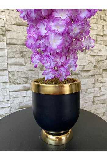MY LOVE ÇİÇEKÇİLİK Siyah Gold Detaylı Metal Vazoda Mor Bahar Dalı Ağacı