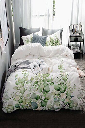 3D ELSE HALI Eucalyptus Floral Ivy Pattern Printed Cotton Satin Double Duvet Cover Set
