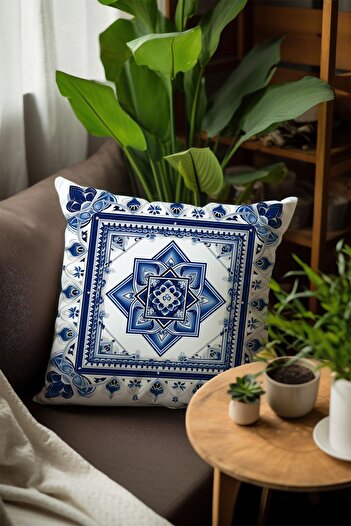 Else Dekor Blue White Floral Patterned Digital Printed Decorative Double-Sided Throw Pillow Case 43x43cm