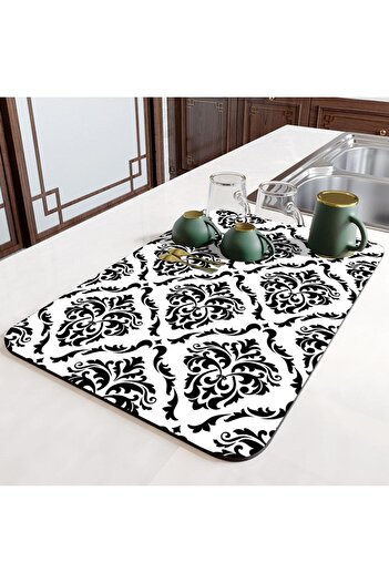 Else Dekor Black White Damask Countertop Dish Drying Mat Non-Slip Drying Cloth Drying Mat