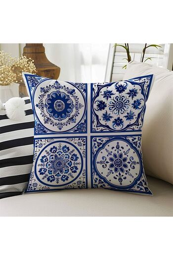 Else Dekor 43x43cm Digital Printed Blue and White Tile Patterned Throw Pillow Cover - Double Sided Decorative