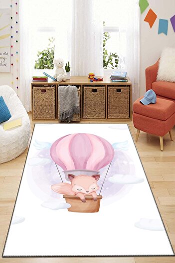 Else Dekor Pembe Uçan Balonlu Tilki Yıkanabilir Kaymaz Taban Leke Tutmaz Çocuk ve Bebek Odası Halısı