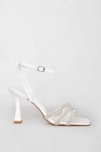 Dericlub White Jewelled High Heeled Evening Dress Shoes - Genuine Leather Zy 7718