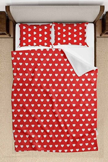 3D ELSE HALI Red Heart Patterned Double Pillowed Printed Bedspread Pique Set 200x220cm