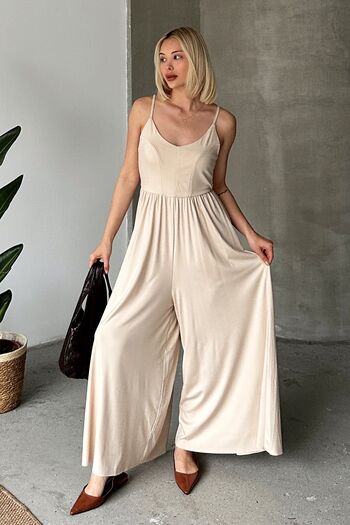 VAGGON Women's Beige Wide Leg Adjustable Strap Jumpsuit