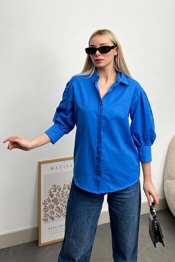 VAGGON Women's Saks Balloon Sleeve Hidden Placket Woven Shirt Prm0722
