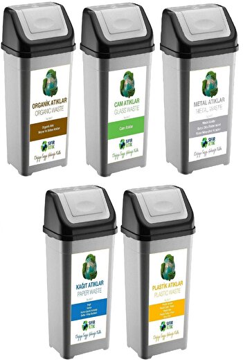 DEEMBRO Sıfır Atık Kutusu 35 Lt*5 Adet Geri Dönüşüm Kutusu tek Kapaklı  kağıt-organik-cam-plastik-metal
