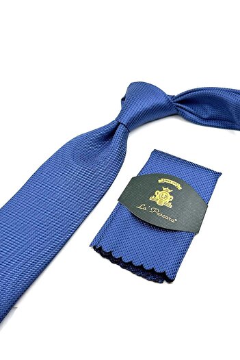 Kravatkolik Patterned Blue Necktie with Handkerchief - KK12542