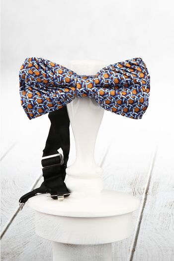 La Pescara Mustard Color Motif Pattern Pleated Silk Bow Tie ESB13