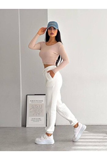 NO 601 White High Waist Fleece Jogger Sweatpants - 3 Thread